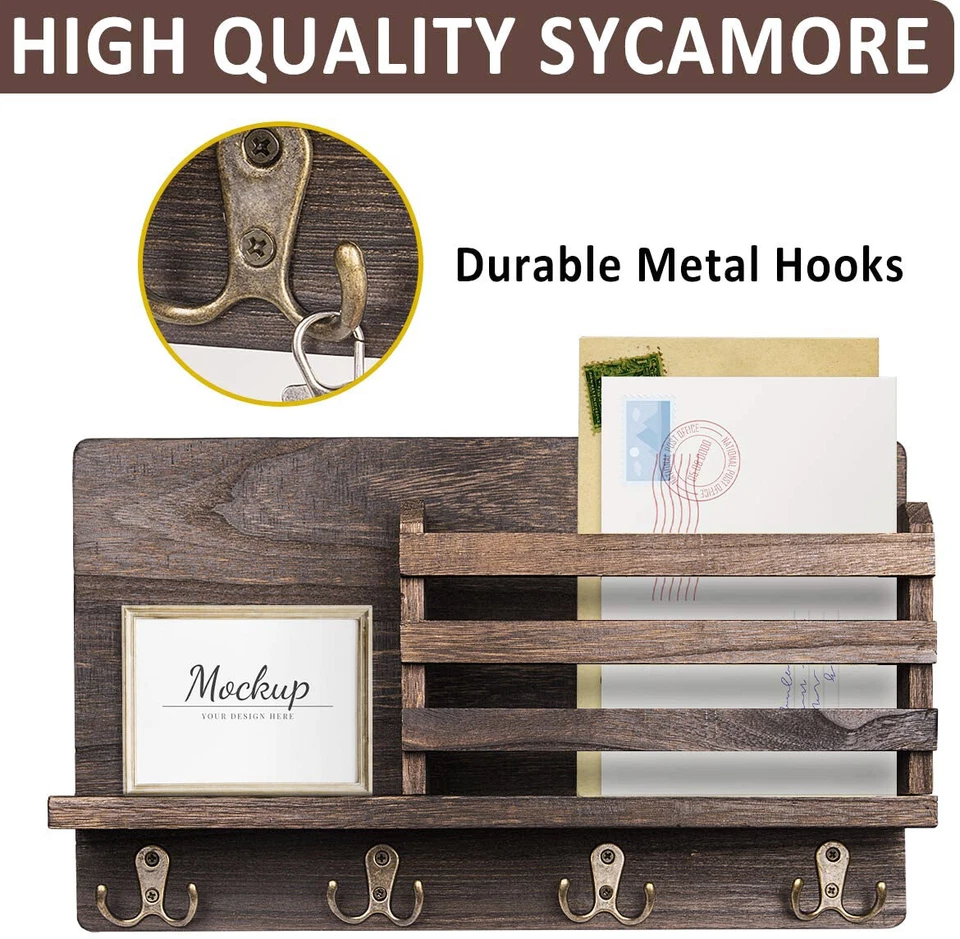 Wall Mounted Mail and Key Holder Wooden Mail Sorter Organizer w/ 4 Double Hooks - Image 2 of 4