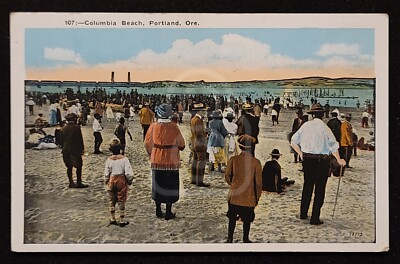Rare Postcard of Crowd at Columbia Beach. Portland, Oregon. C 1910's 