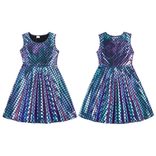 Kids Girls Fish Scales Metallic Mermaid Dress Sleeveless A-line Mermaid Dress - Picture 7 of 24