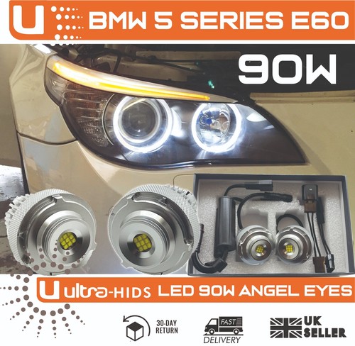 2x 90W BMW E60 LCI 2007- (HALOGEN HEADLAMPS) ANGEL EYES HALO RINGS LED - A29 - Picture 1 of 8