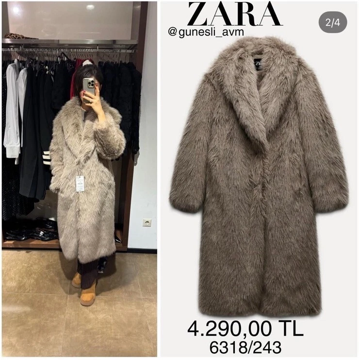 ZARA LONG FAUX FUR COAT TAUPE GREY NEW FW24/25 SIZE XS REF. 6318/243 - Image 4 of 4
