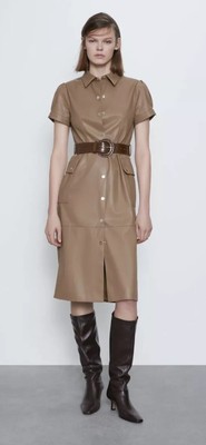 NWT ZARA KHAKI FAUX LEATHER SHIRT DRESS BELT SIZE XS | eBay
