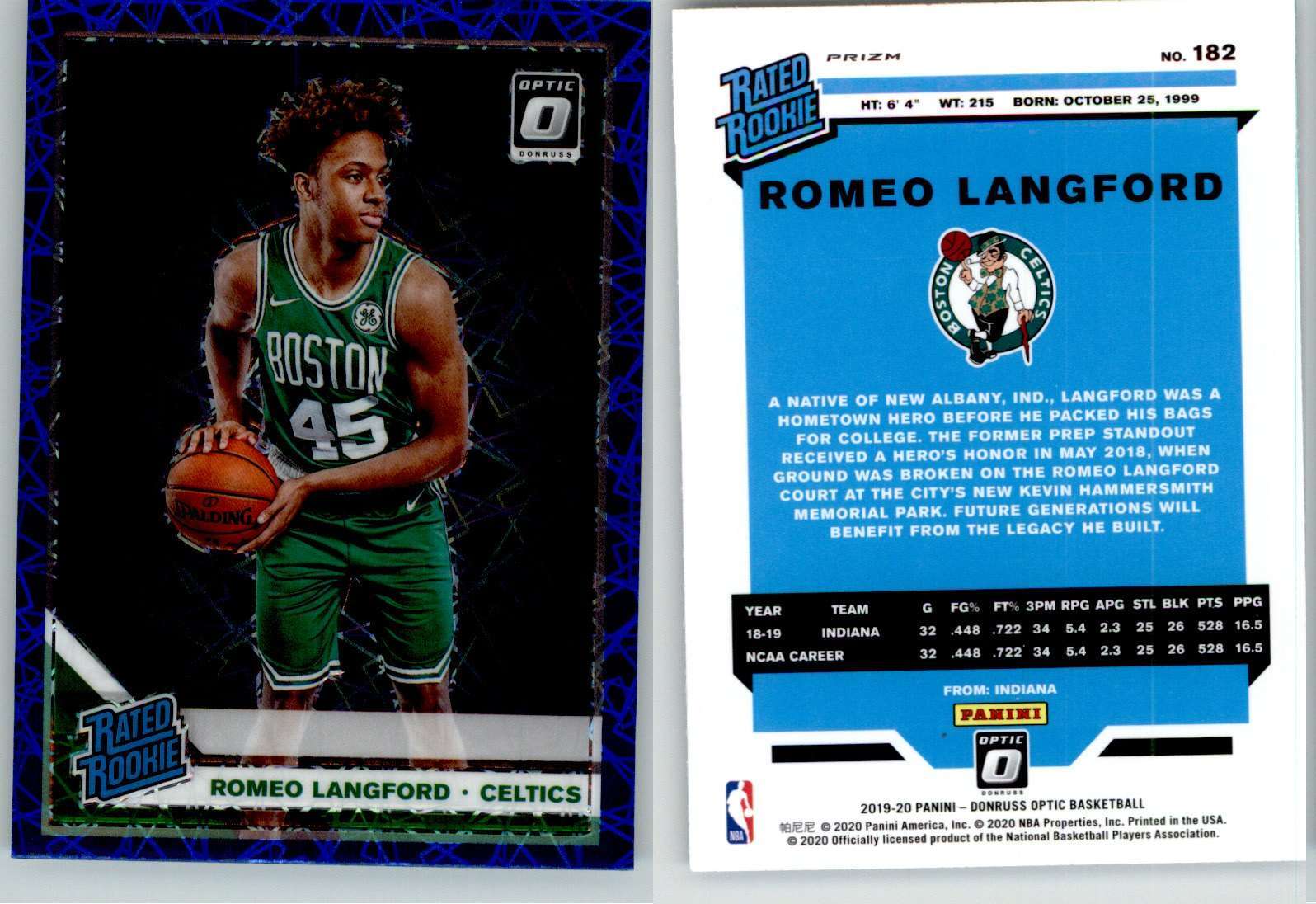 Romeo Langford 2019-20 Donruss Optic Blue Velocity Prizm #182 Celtics RC Rookie