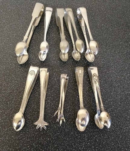 10 pairs vintage antique silver plated sugar tongs some with