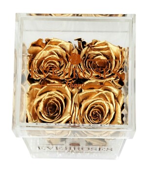 GOLD Rose in a square shaped acrylic box real long-lasting preserved rose