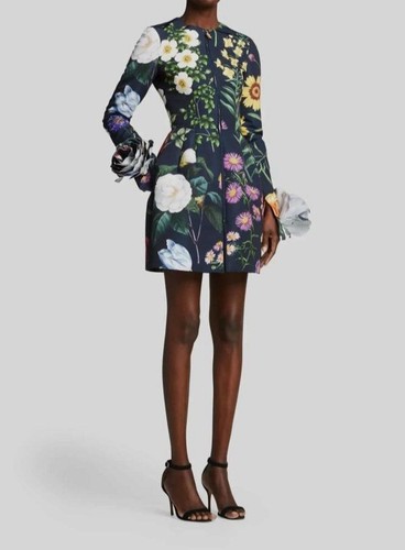 $3990 Oscar de la Renta Women's Blue Silk Floral Belted Line Dress Size 2 - Picture 2 of 5