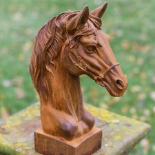 Rustic Horse with Bridle Head Bust Sculpture - Cast Iron Outdoor Ornament