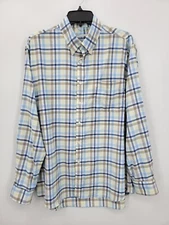 Jos A Bank Shirt Mens Large Blue Tan Plaid Tailored Fit Traveler Motion Stretch