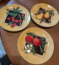 SET OF 3 CONTEMPORARY FRUIT PLATES APPLES, PEARS,CHERRIES  10 1/4" WIDE VG  COND