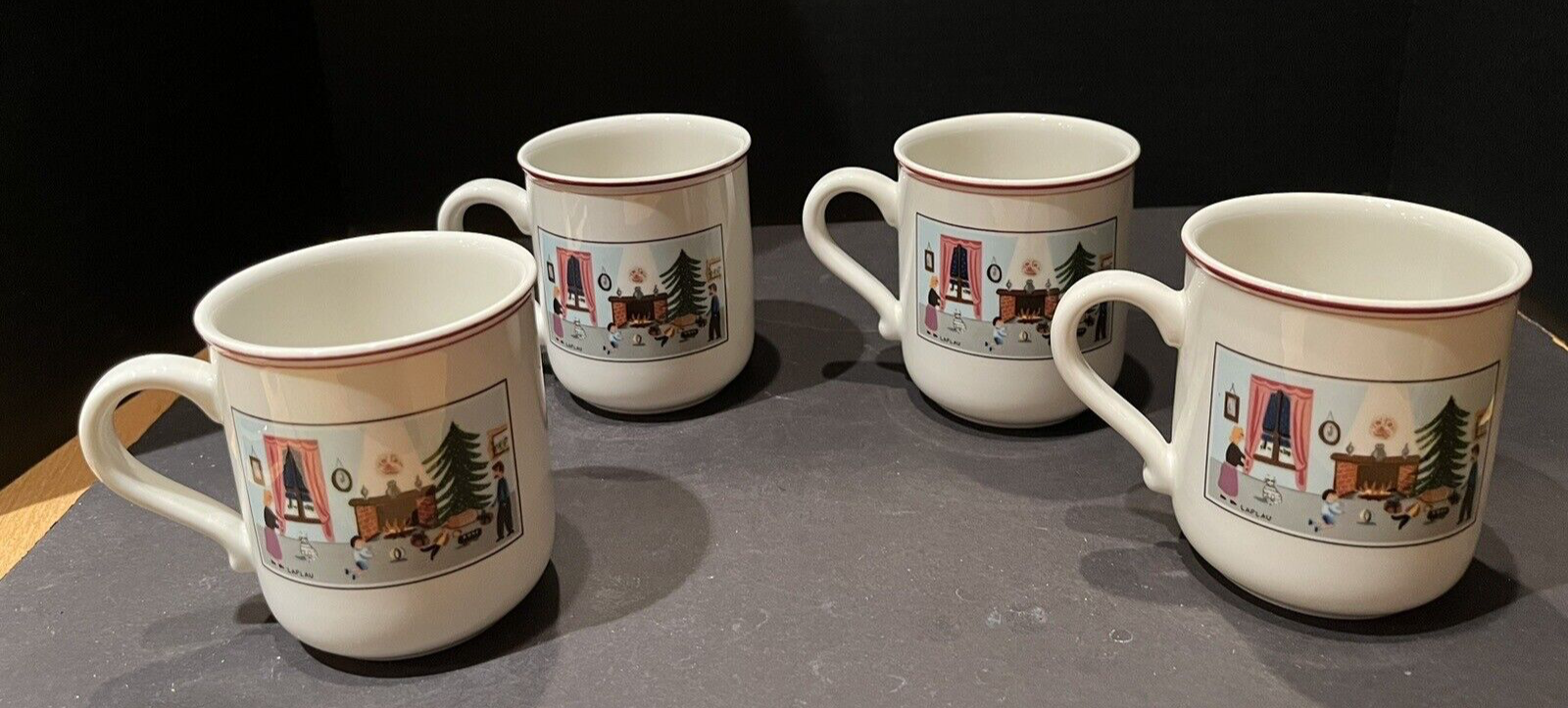 4 VILLEROY & BOCH NAIF CHRISTMAS coffee Mugs Winter Snow Fireplace
