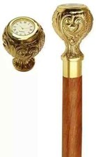 Vintage Style Solid Brass Clock on Head Handle Wooden Walking Stick Cane Gift