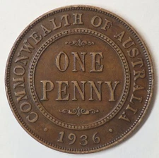 1936 AUSTRALIAN PENNY - GEORGE V - 6 PEARLS - NICE BROWN PATINA  (KI114)