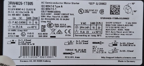 Siemens 3RW4026-1TB05 SIRIUS Soft Starter 24V 25A 15kW 500V AC Ne - Foto 4 di 6
