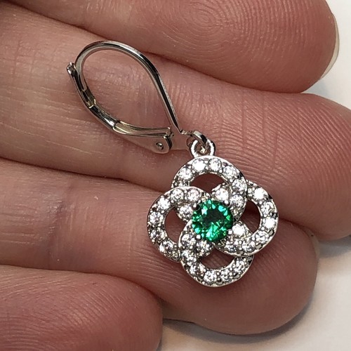 Zahra Cara .25 Ct. CZ Emerald Clover Drop Earrings, Silver-tone, Celtic Knot - Picture 2 of 4
