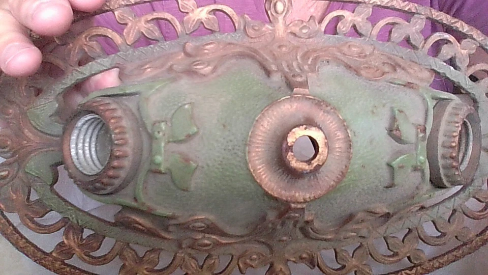 Gorgeous Vtg 30's Ornate Gilt/Green Art Deco Light Fixture 13"x7" Orig Leviton - Image 2 of 4