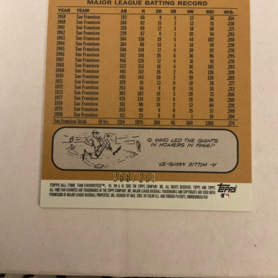 2003 Topps All Time Fan Favorites #132 Refractor Willie McCovey #/299 Giants - Image 4 of 4