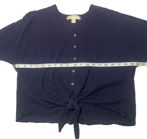 Michael Kors Womens Navy Blue Gold Accent Buttons Tie Hem Blouse Top Size Small - Picture 4 of 11