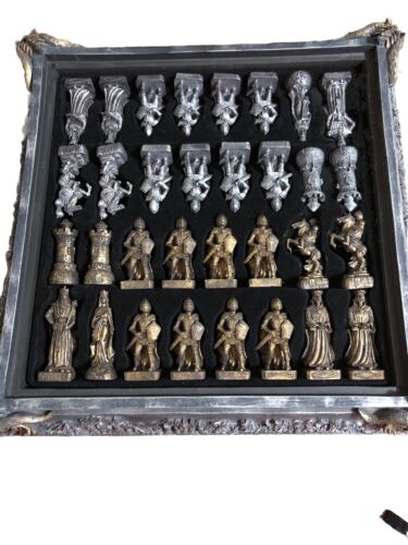 Vintage Medieval Black/Gray/Gold Large Dragon Head Fantasy Chess Game Set Nice