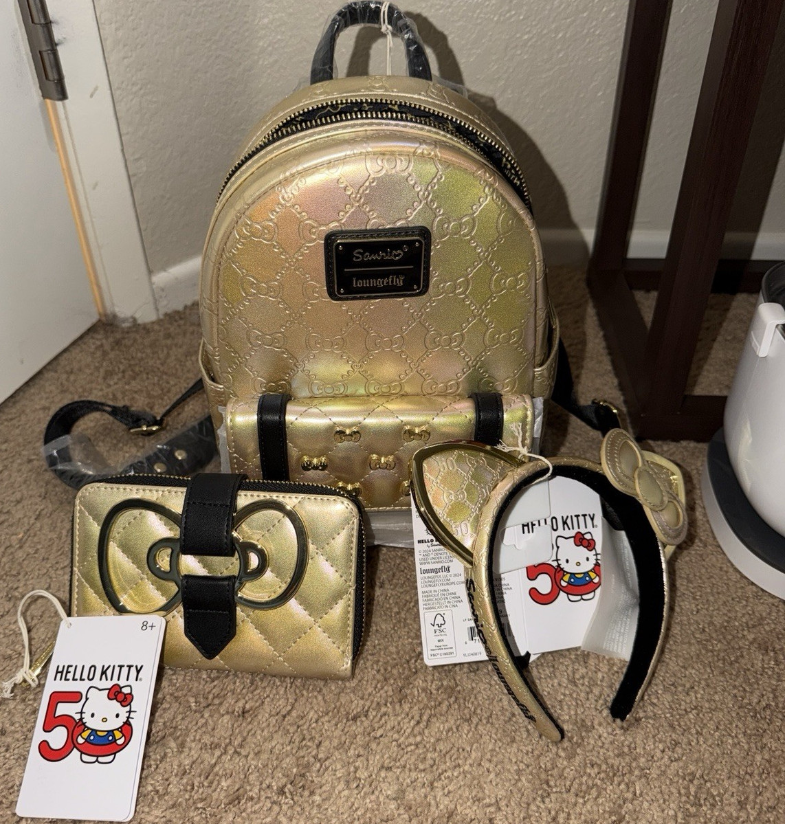 Loungefly Hello Kitty 50th Anniversary Gold Metallic Backpack, Wallet, Ears Set