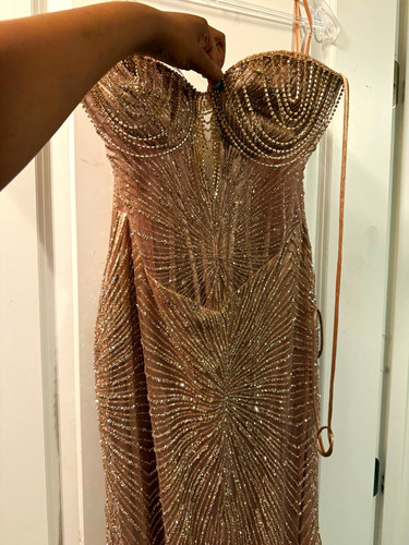Women’s Gold BeadedStrapless Long Corset Prom Gown Size 8