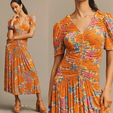 NWT $248 Anthropologie FARM RIO V neck Bright Floral Ruched midi Dress sz L