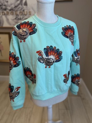 QUEEN OF SPARKLES Mint Beaded & Sequin Turkey Sweatshirt Kids Large