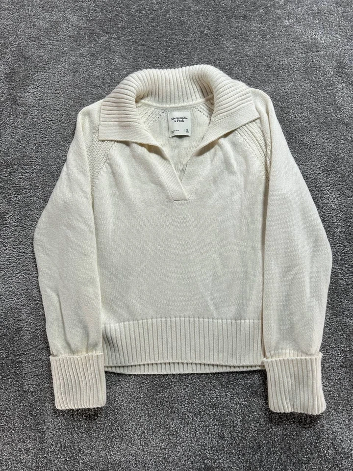 Suéter Abercrombie & Fitch Mujer Medio Beige Algodón Tejido Acanalado Muesca Cuello Foto 2 de 4