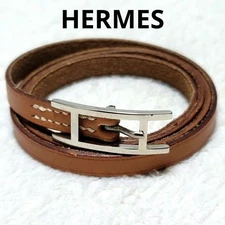 Hermes Api3 Bracelet Leather Brown Silver H Motif Unisex Authentic