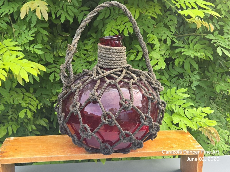 Antique Japananese Circa.1920 Large RED Glass Fishing Net Float W/Orig.Knot Rope