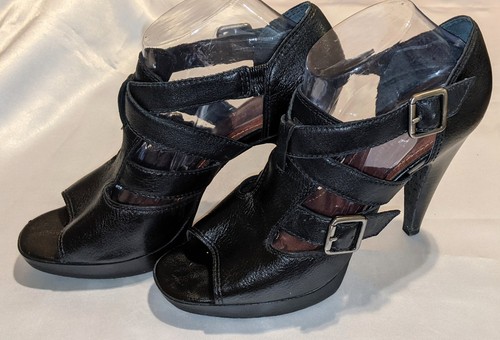 Gianni Bini Cuero Negro Tirantes Plataforma Tacones Zapatos Hebillas Punta Abierta Talla 9.5M