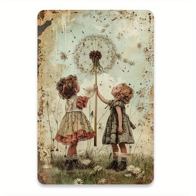 2D Flat, Dandelion Kids Vintage Tin Metal Signs Home Décor, Indoor Outdoor Decor