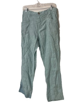 Nicole Miller Pants L Green 100% Linen Wide Leg Pockets Baggy Flowy Capsule