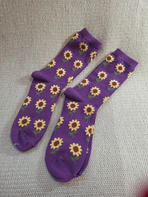 Granny Hippie Gardencore Boho Purple Socks With Sparkle Sunflowers 2 Pair