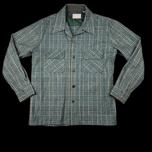 Vtg Sears Kings Road Shop Loop Plaid Button 100% Virgin Wool Flannel Large