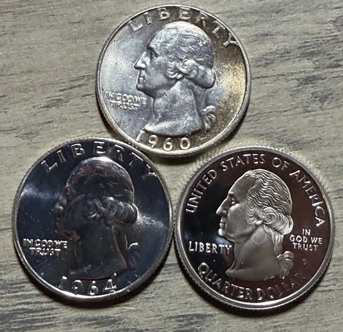 Lot Of 3 🔥 Silver Washington Quarters UNC 1960D, Gem Proof 1964 & 2005-S Kansas