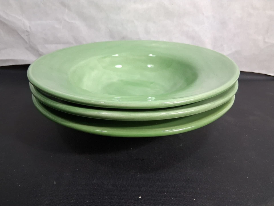 3 Vintage Pottery Barn Sausalito Green Ceramic Large Rim Soup Salad Bowls NEW - Image 2 of 4