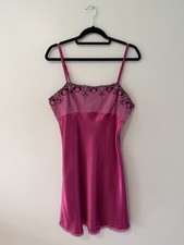 90s Vintage Pink Black Feminine Satin Slip Mini Dress Lace Trim Women's Large