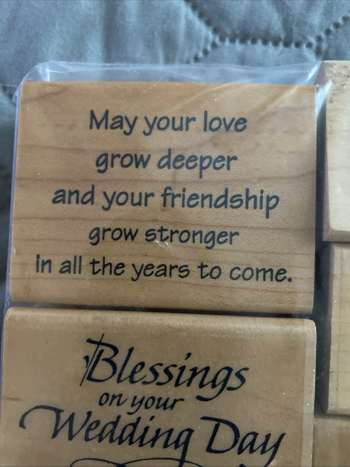 Lote de 8 sellos de goma vintage de felicitaciones de boda montados en madera Foto 2 de 4