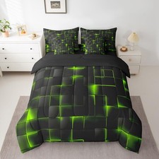 Green and Black Comforter Set with Sheets 7 Piece Full Size Light Geometric B...