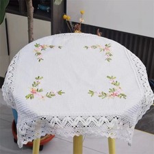 27" White Vintage Hand Crochet Embroidered Lace Tablecloth Square Table Topper