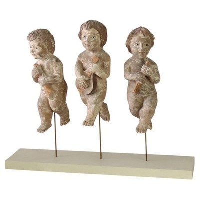 Italian Carved Wood Putti Musician Figures With Glass Eyes C1920