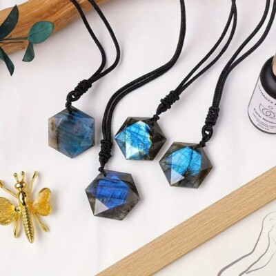 Natural Labradorite Hexagram Pendant Women Men Necklace Healing Balance Chakra