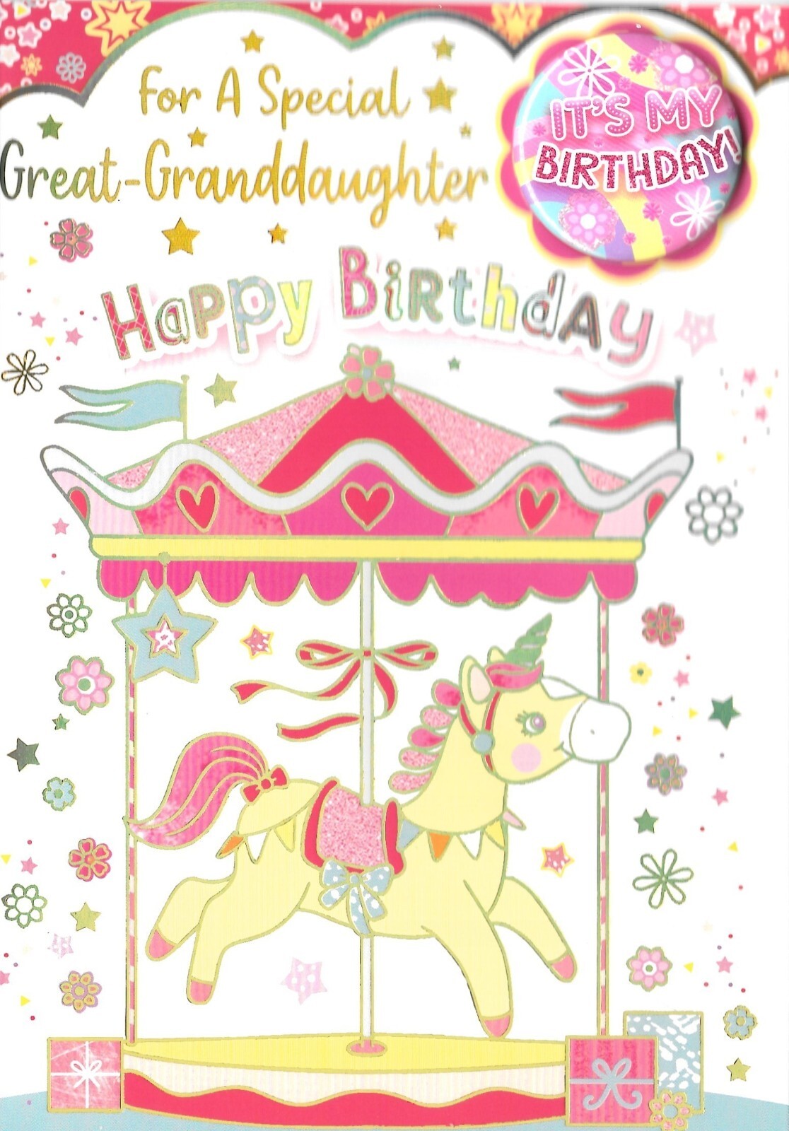 BIRTHDAY CARD FOR A SPECIAL GREAT GRANDDAUGHTER WITH BADGE - HORSE, CAROUSEL