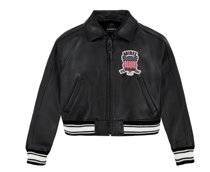 Avirex Women’s Cropped Varsity Leather Jacket Black Bomber Patch Logo Limited - Image 2 of 4