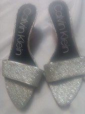 Calvin Klein Kitten Heel Slide Shoes Size 8 Galia Silver Glitter New