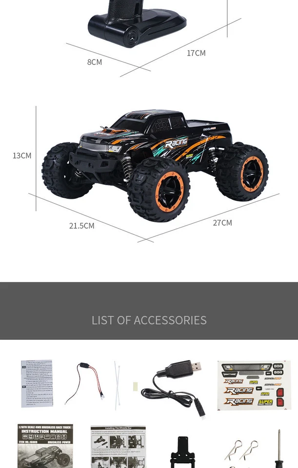 1:16 RC Car High Speed 45km/h Brushless Motor 4WD Monster Race Truck Off-Road - Image 4 of 4