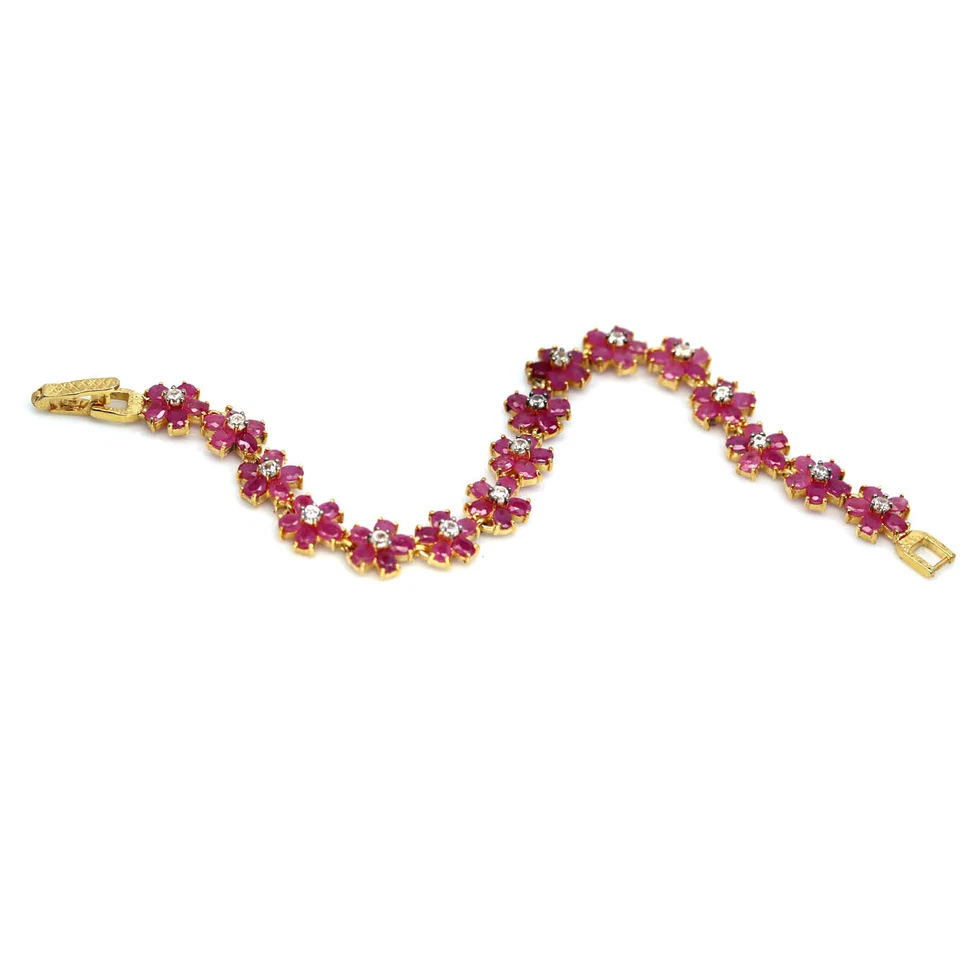 Gemstone Heated Red Ruby & White Zircon Bracelet 7.5" 925 Sterling Silver  - Image 2 of 4