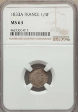 FRANCE LOUIS PHILIPPE I  1833-A 1/4 FRANC COIN, UNCIRCULATED CERTIFIED NGC MS63