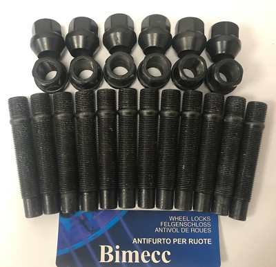 ALUFELGENBOLZEN + MUTTER UMBAU X 12 SCHWARZ 90mm M14X1,25 FÜR BMW F30 F31 F34