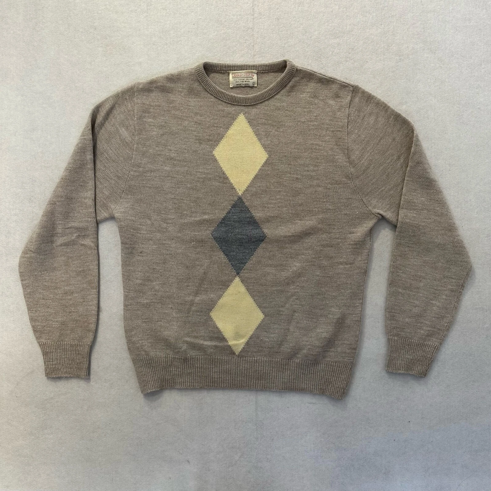Vintage Lord Jeff Sweater Mens Large Brown Argyle Wool Made In USA Classic Retro
